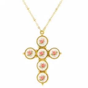 1928 Jewelry Pink Flower Decal Cross Pendant Necklace 30