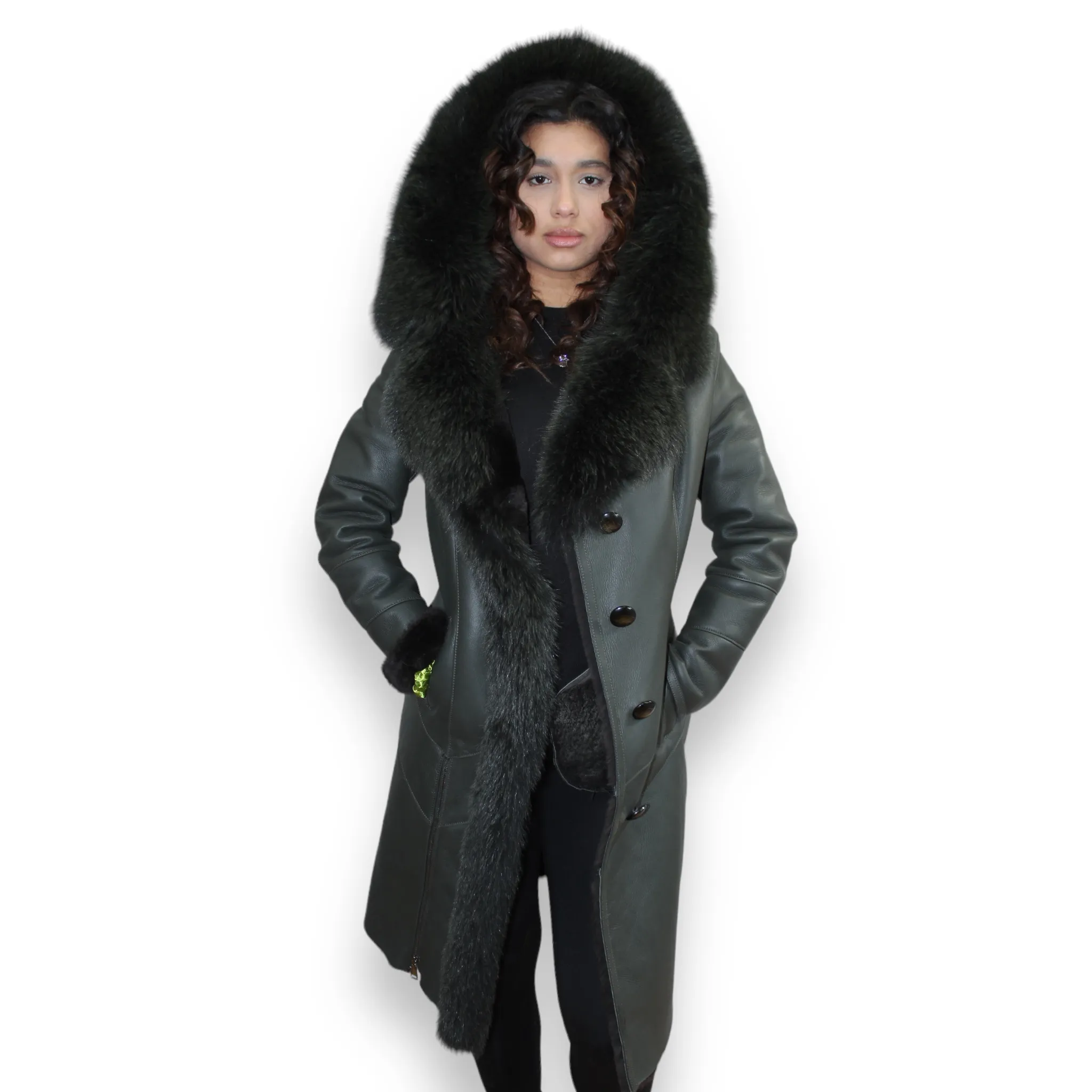 7/8 Green Shearling with Fox Hood and Middle Lining - Daniel's Leather