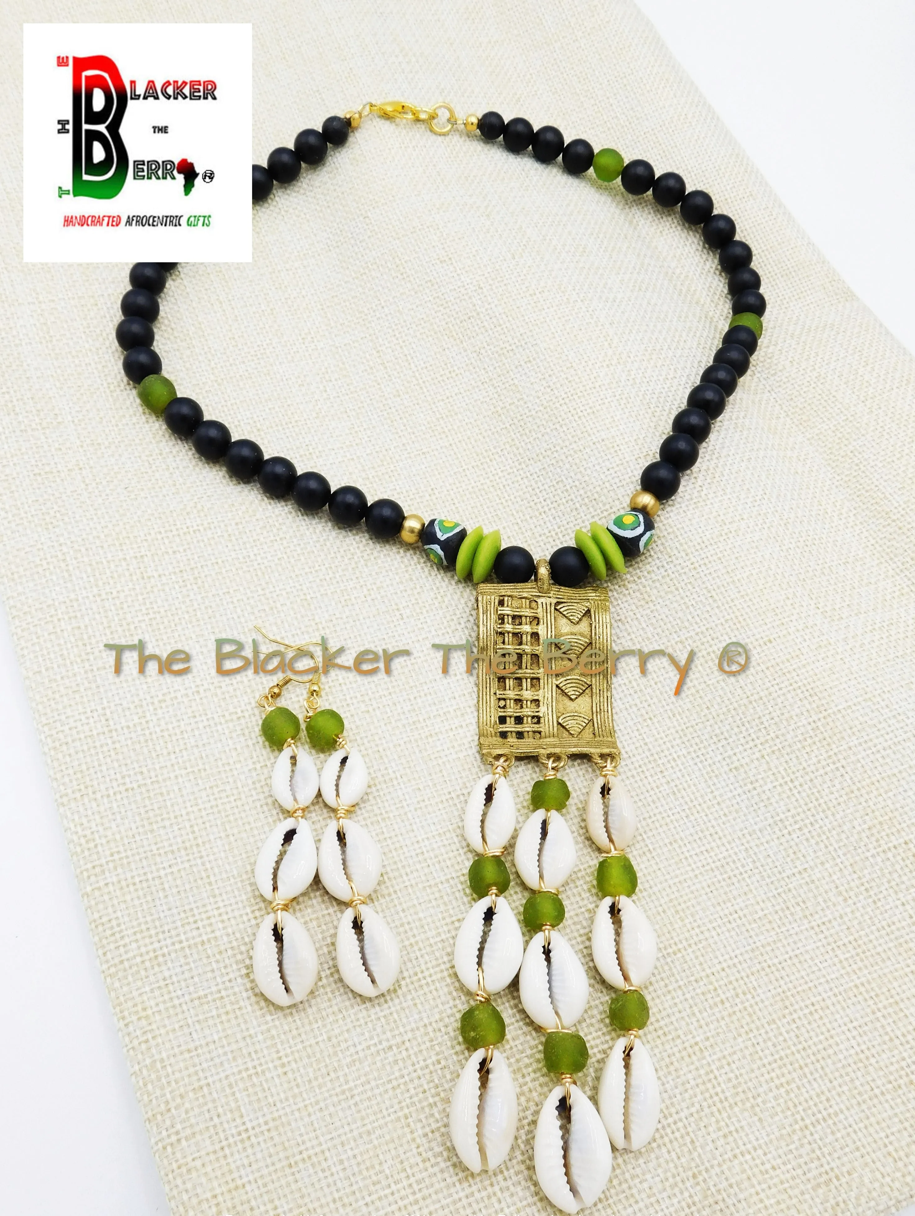 African Jewelry Set Black Green Cowrie Necklace Earrings OOAK Handmade