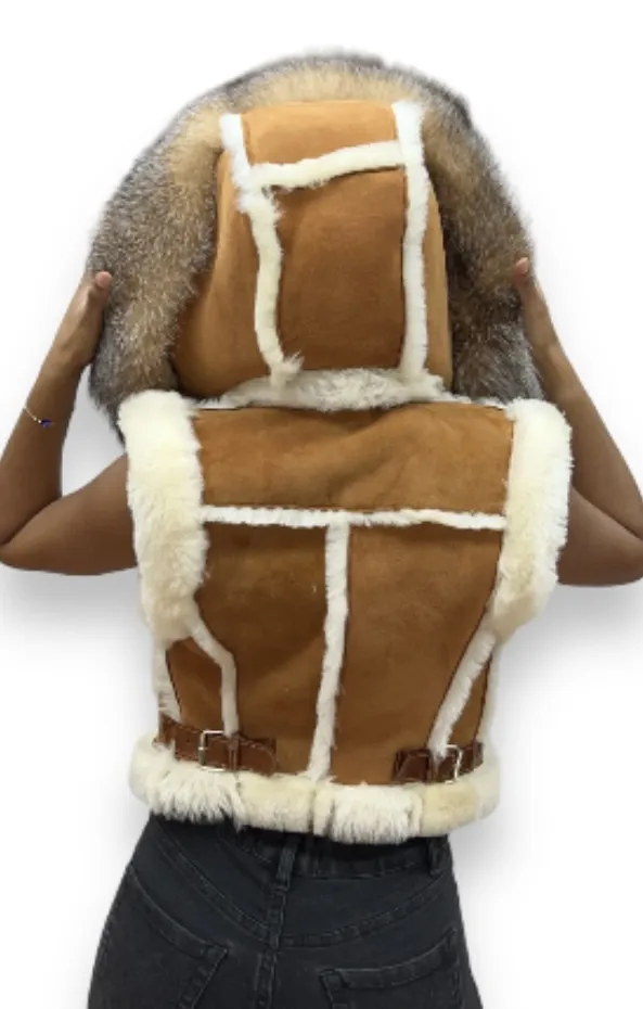 Ana Cropped Shearling Vest with Hood and Fox Collar - Daniel's Leather