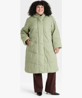 Ava & Viv Women's Long Puffer Jacket - Ava & Viv™ Sage Green 1X