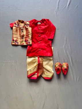 Baby boy set- premium red paithani kurta with cream dhoti and jacket set with booties