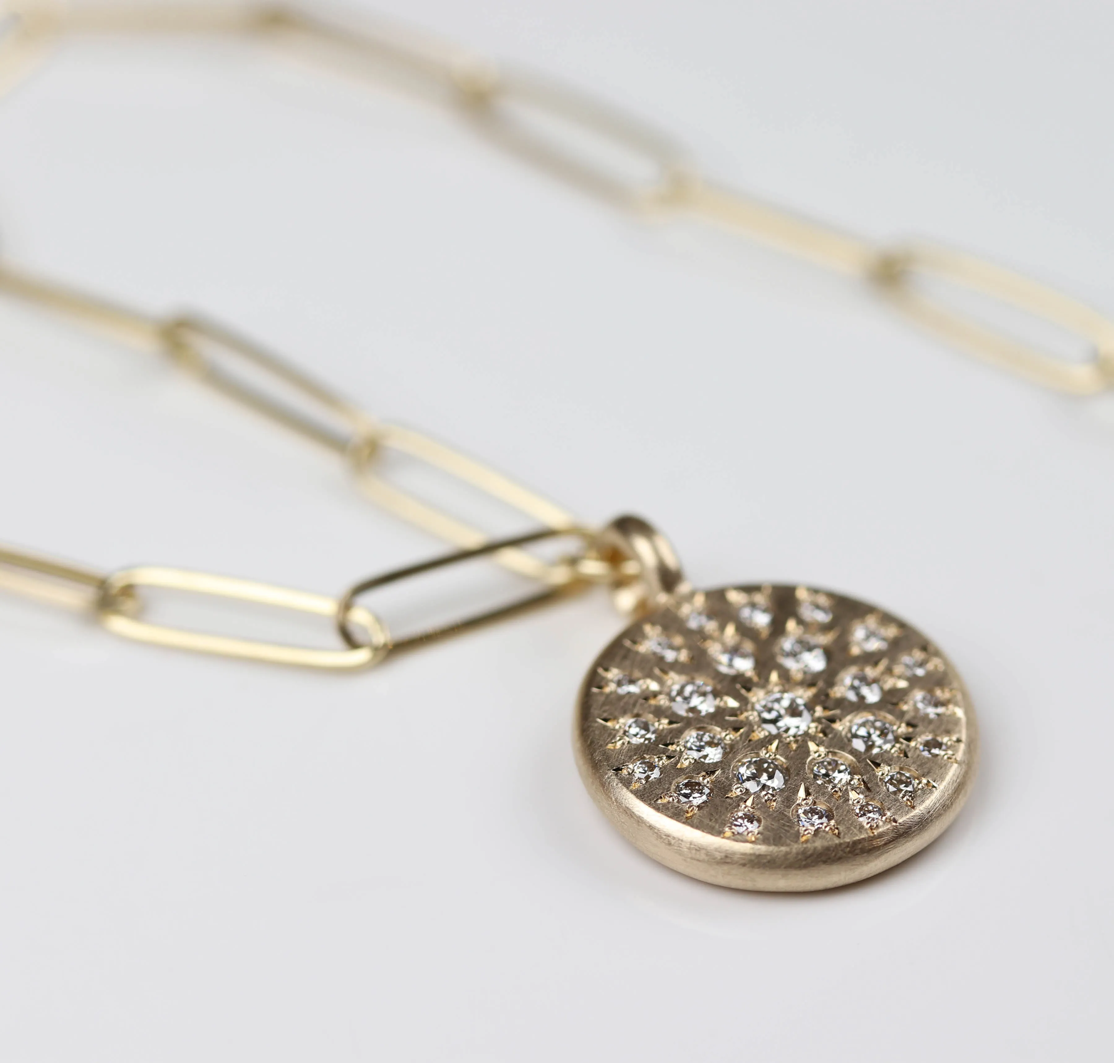 Bead Set Diamond Cluster Pendant With Paperclip Chain