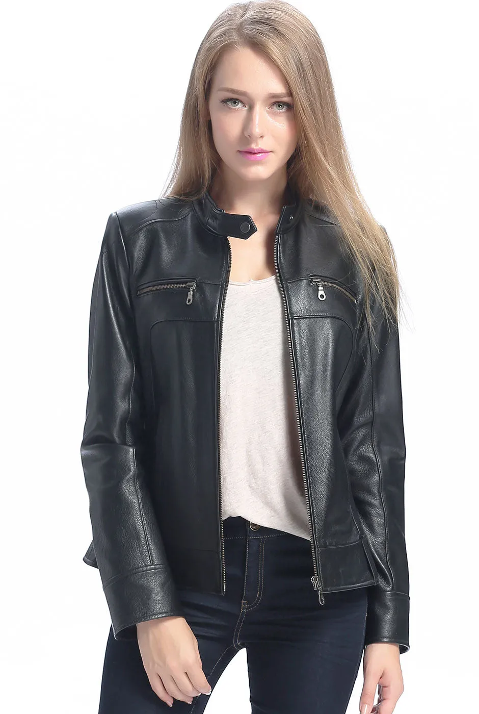 BGSD Women Maura Zip Front Lambskin Leather Jacket