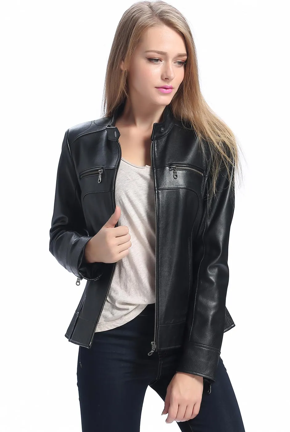 BGSD Women Maura Zip Front Lambskin Leather Jacket