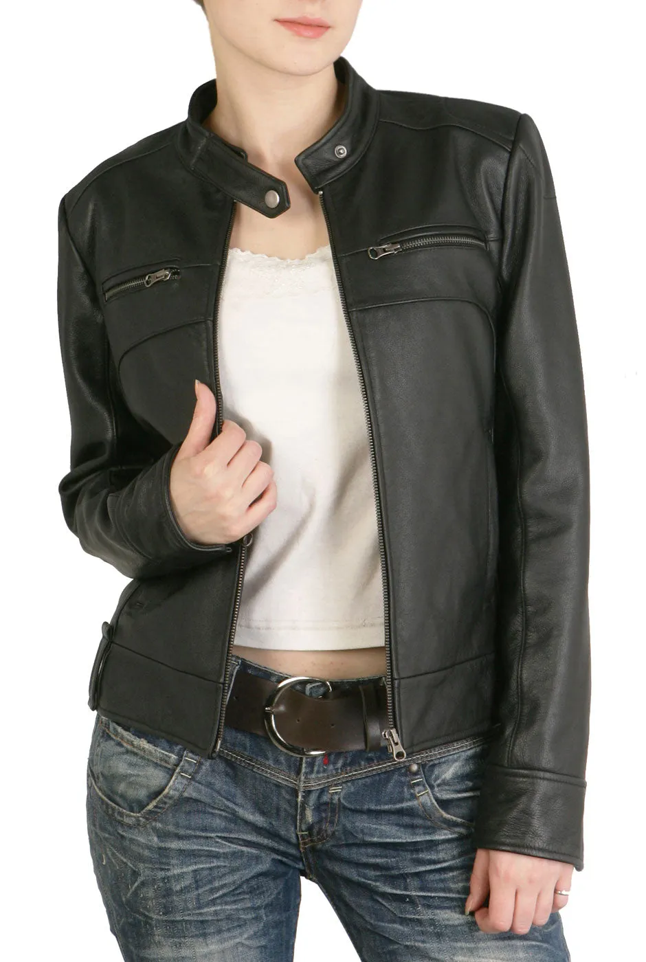 BGSD Women Maura Zip Front Lambskin Leather Jacket