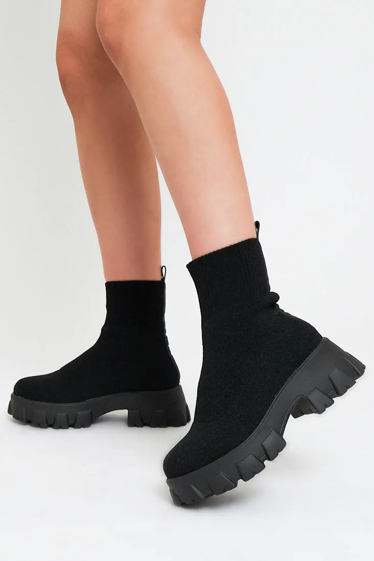 Black Ankle High Chunky Sole Sock Boots - Bana