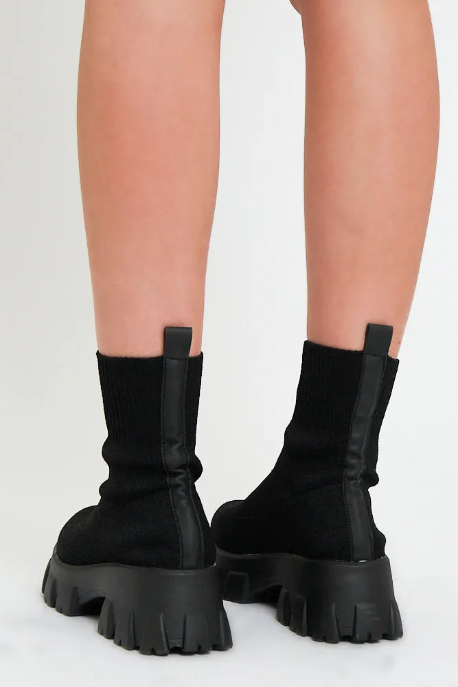 Black Ankle High Chunky Sole Sock Boots - Bana