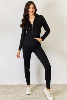 Black Zip Up Drawstring Hoodie and Leggings Set