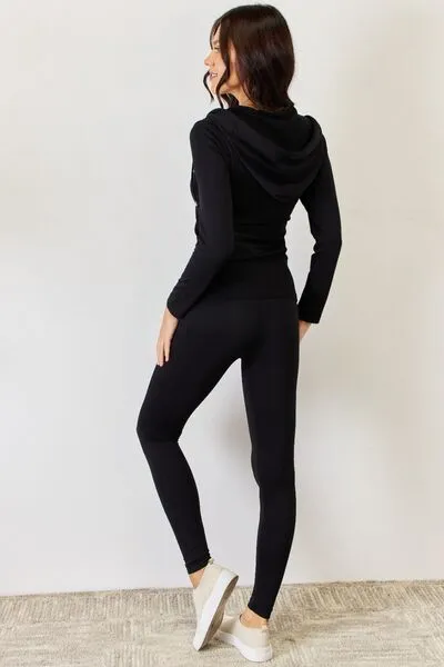 Black Zip Up Drawstring Hoodie and Leggings Set