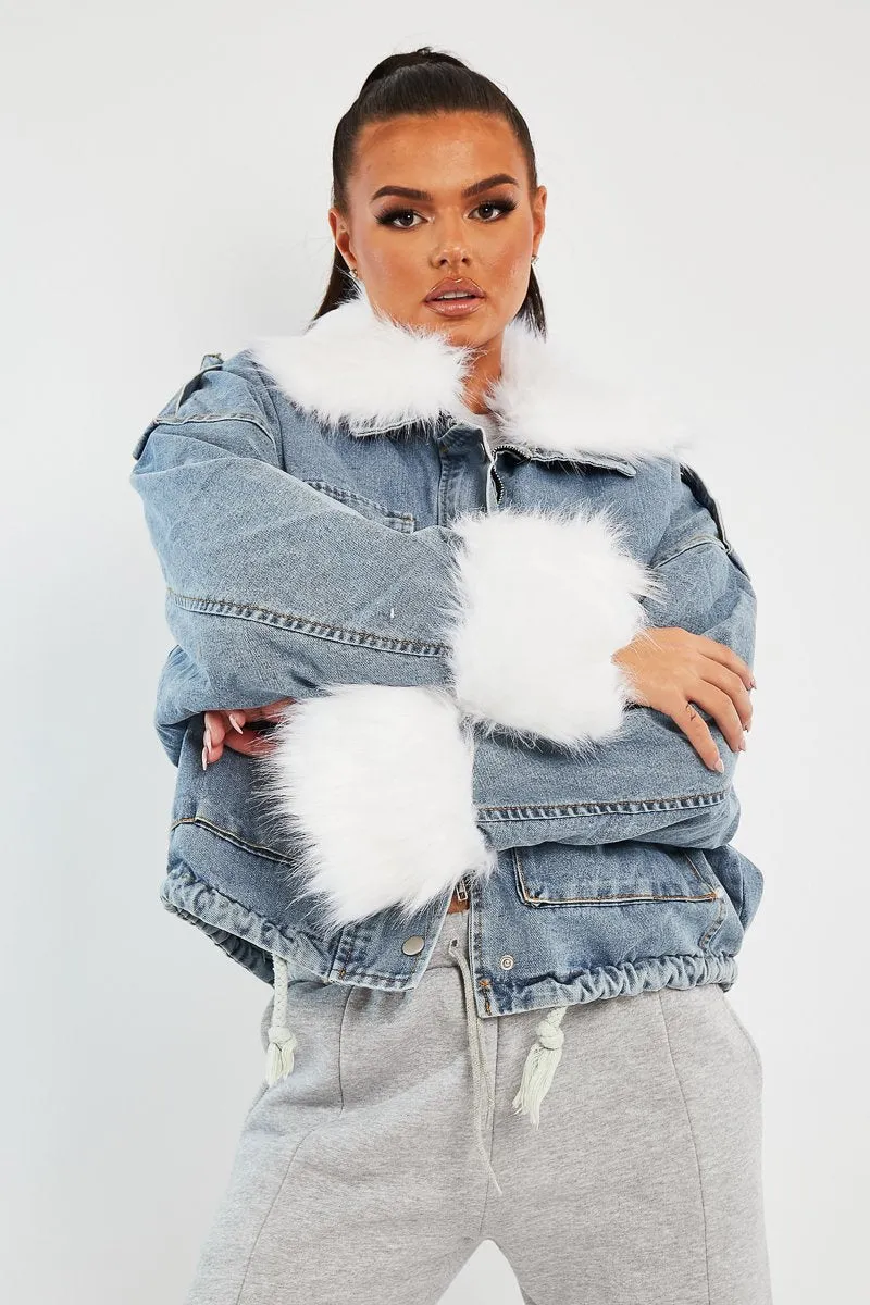 Blue Denim Fur Trim Coat - Khaira