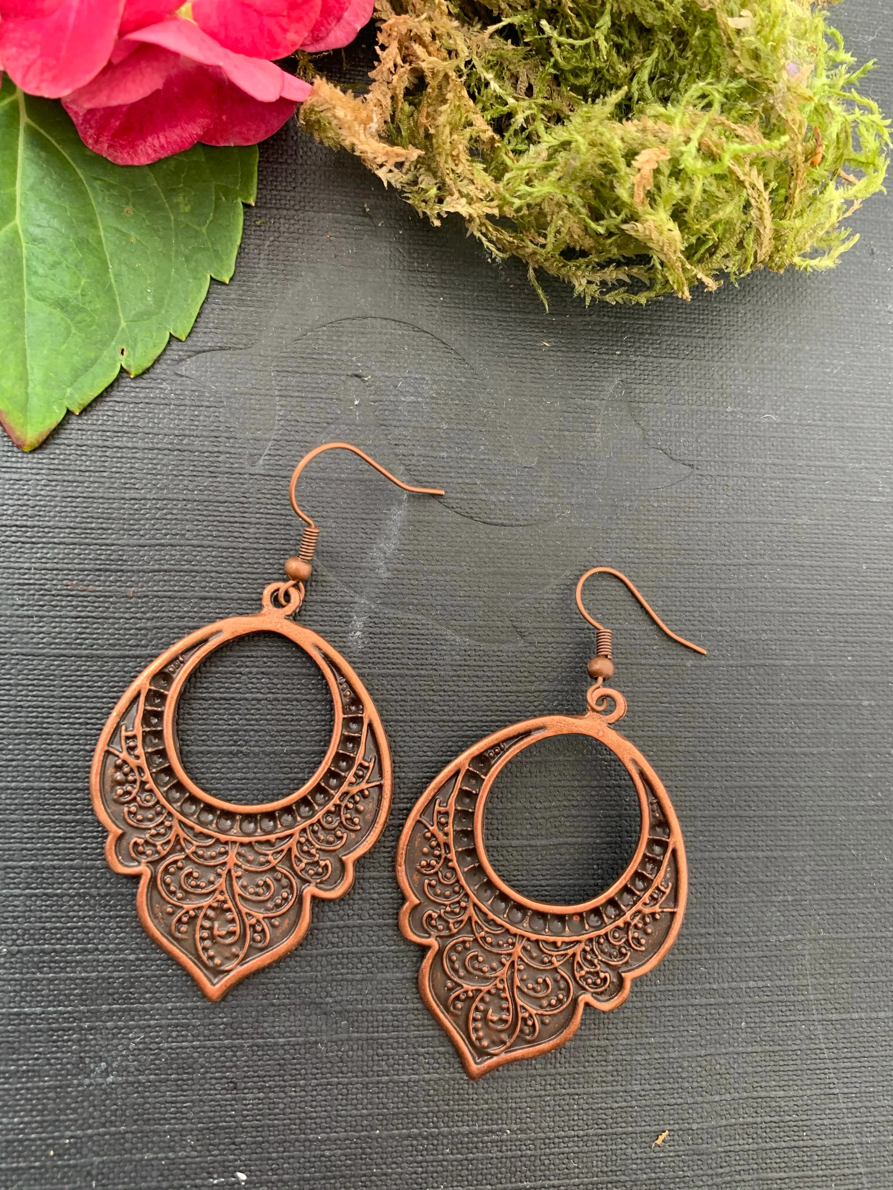 boho paisley drops, copper metal, earrings, jewelry.