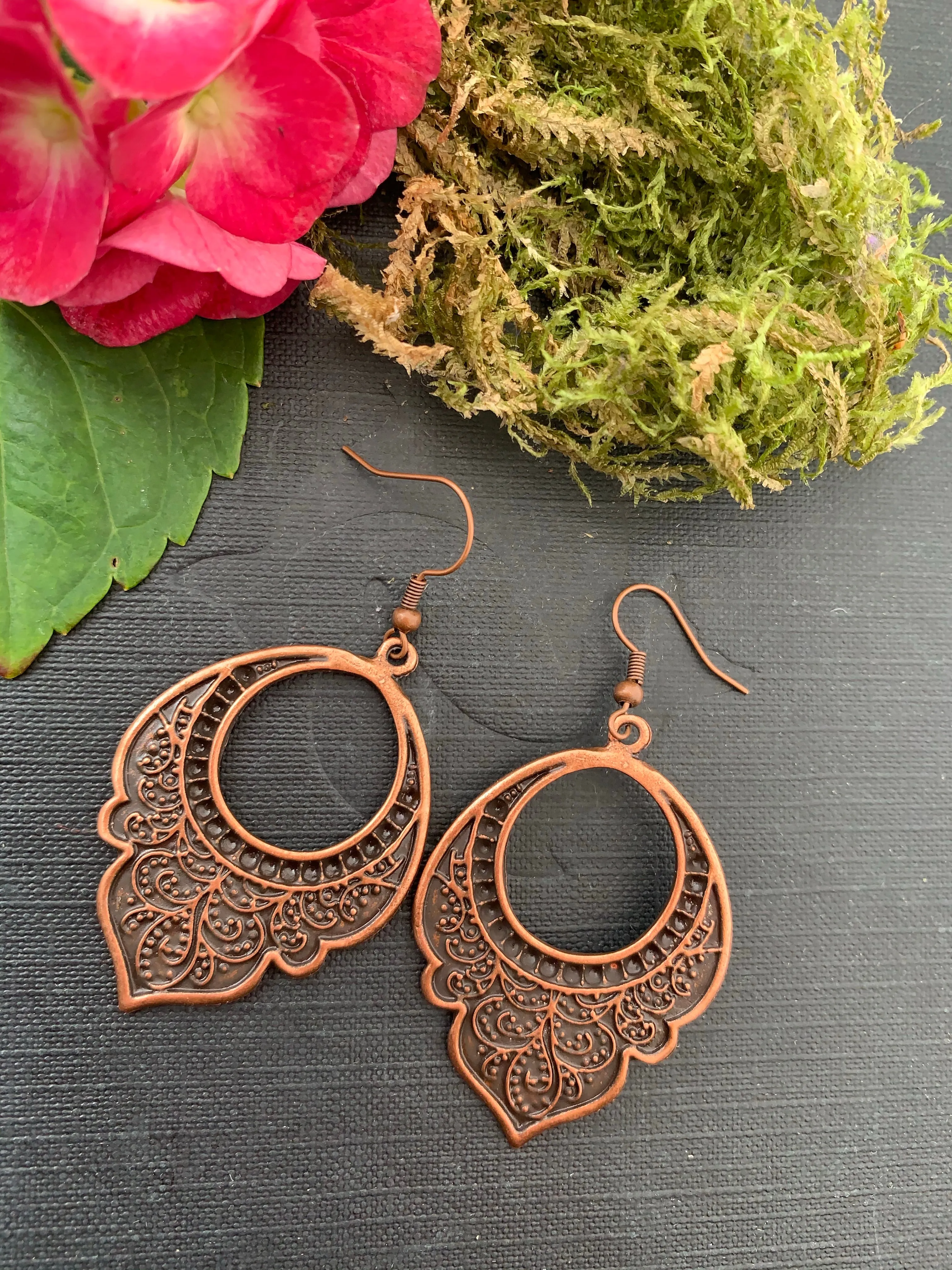 boho paisley drops, copper metal, earrings, jewelry.