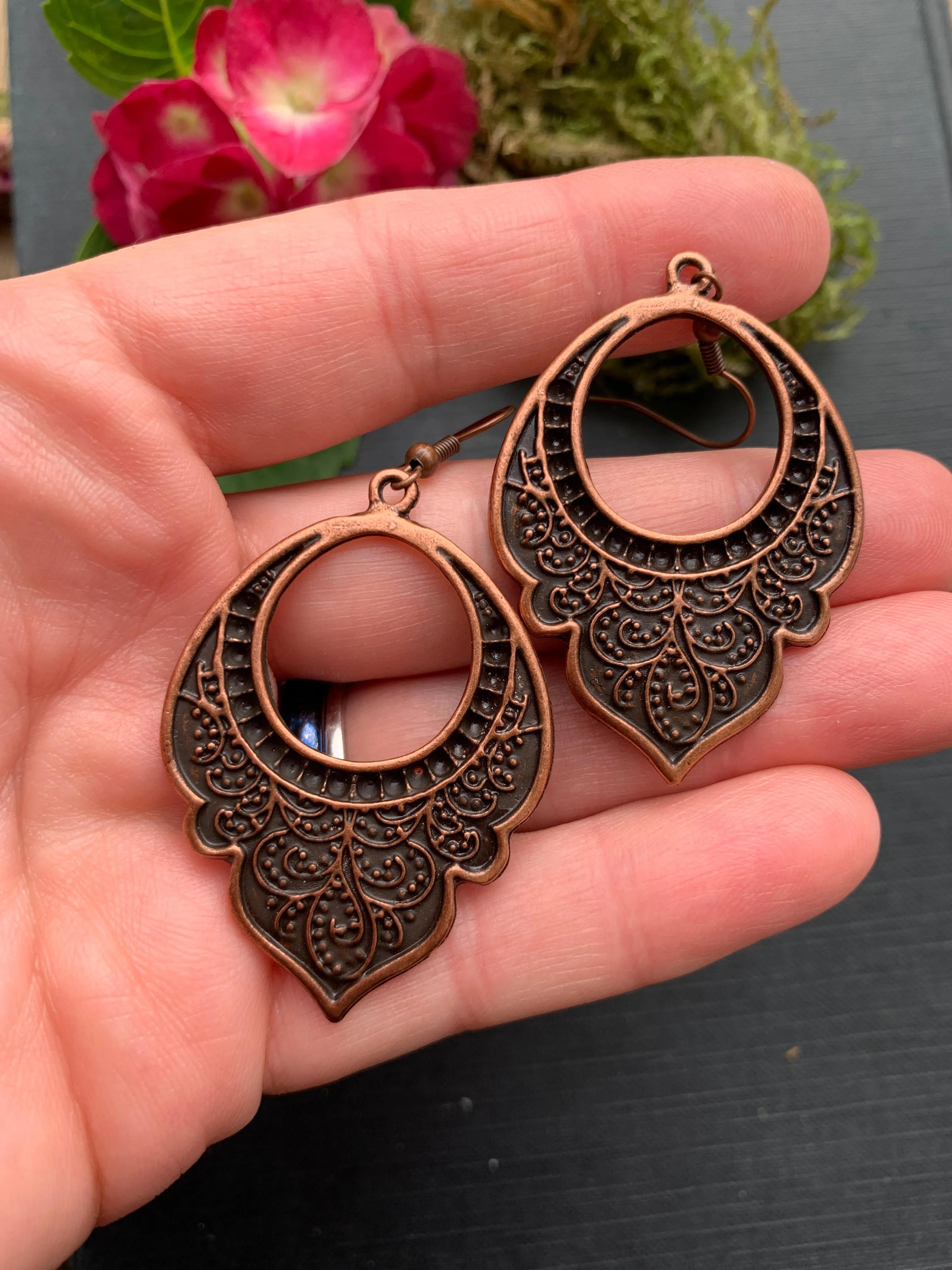 boho paisley drops, copper metal, earrings, jewelry.