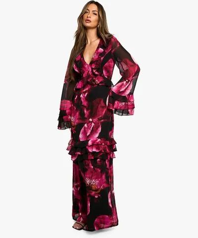 boohoo Womens Dark Floral Flare Sleeve Maxi Dress