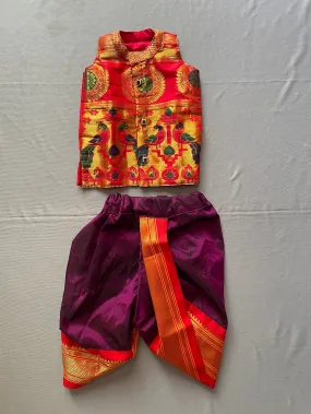 Boy's premium wine Paithani with golden red border dhoti and jacket