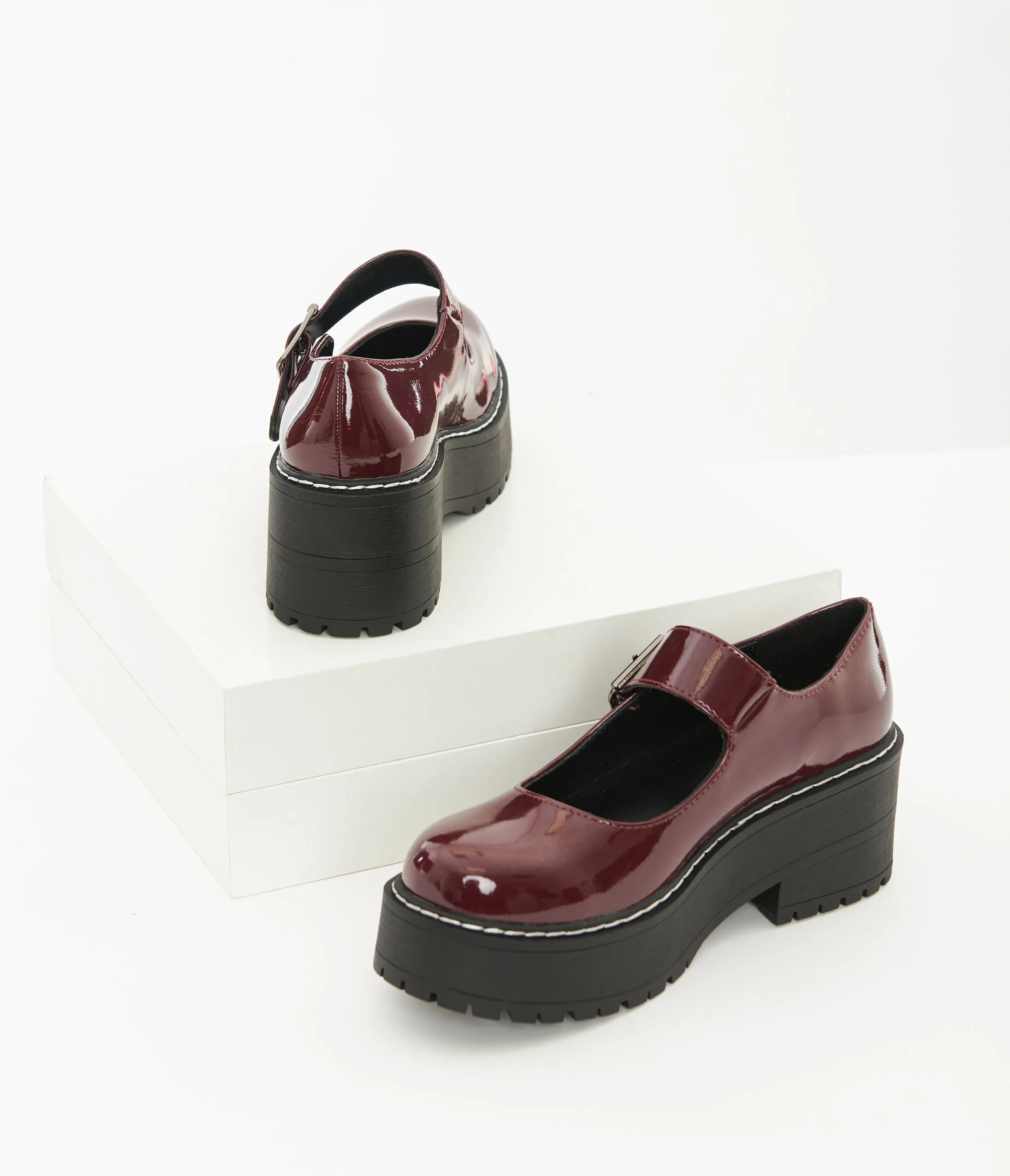 Burgundy Patent Leatherette Platform Mary Jane Heels