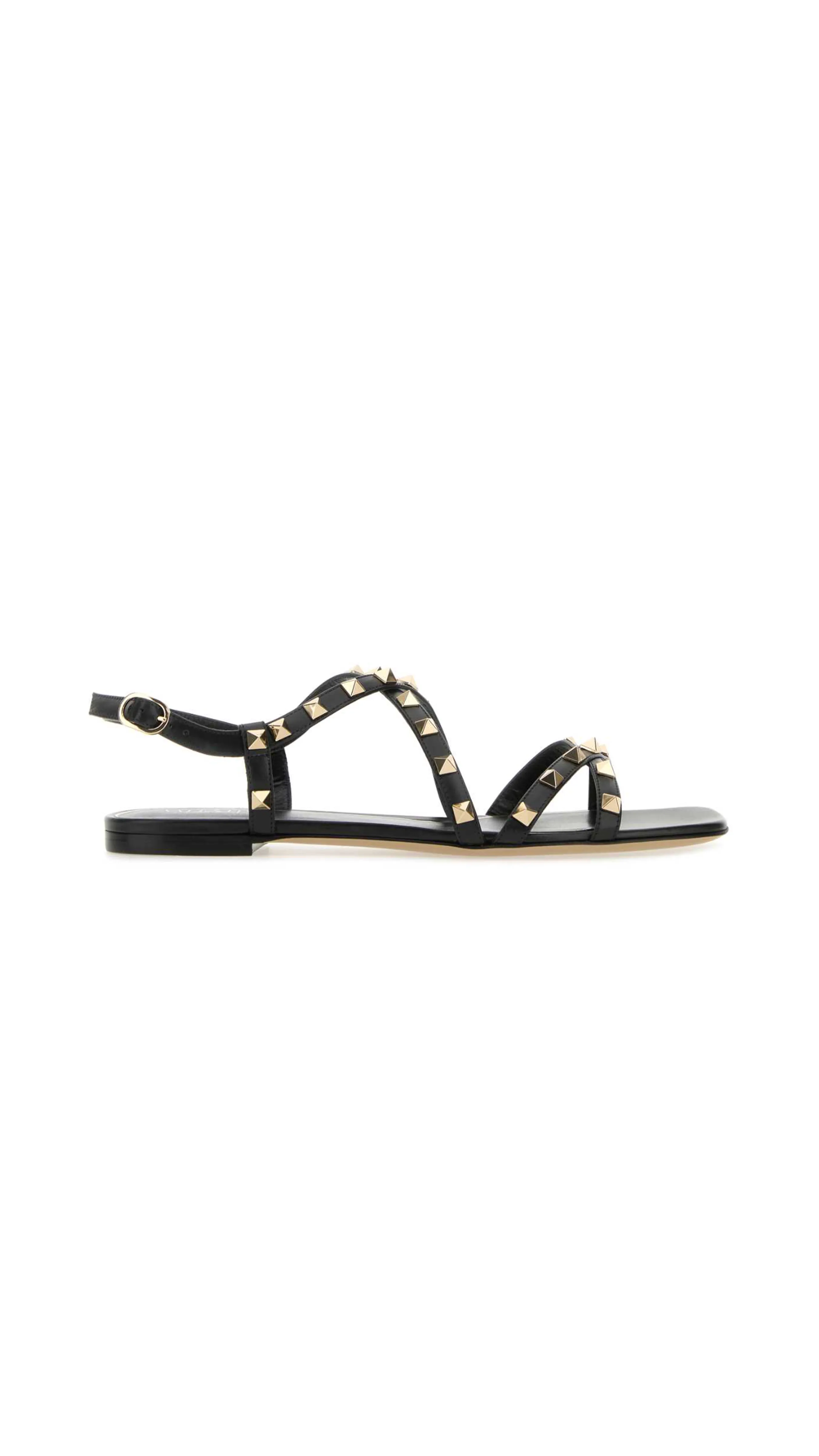 Calfskin Rockstud Sandal With Strap - Black