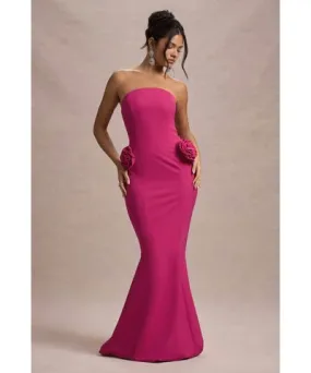 Club L London - USA Best Of The Best | Dark Pink Strapless Fishtail Maxi Dress With Corsages