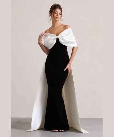 Club L London - USA Wanting More | Black & White Satin Cape Maxi Dress With Oversized Bow