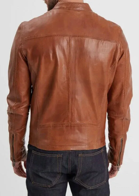 Cognac men's leather jacket in motorcycle style gafino