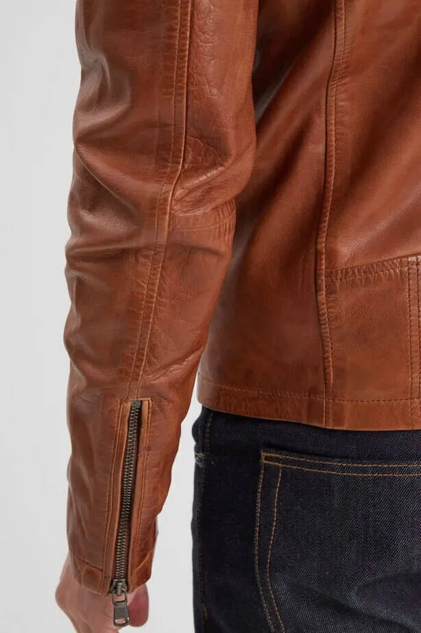 Cognac men's leather jacket in motorcycle style gafino