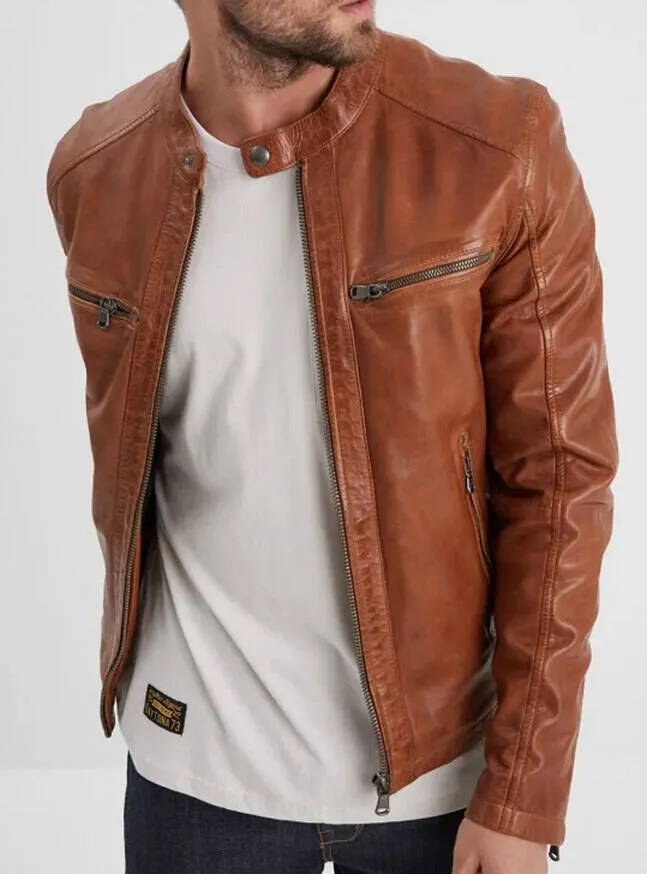 Cognac men's leather jacket in motorcycle style gafino