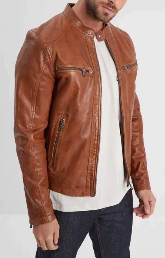 Cognac men's leather jacket in motorcycle style gafino