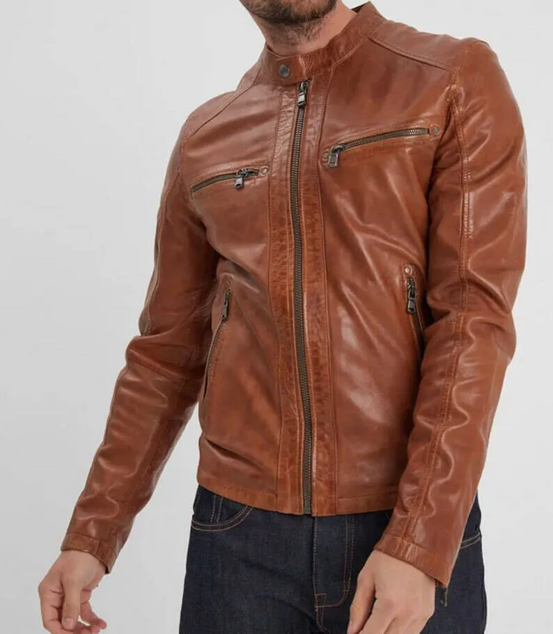 Cognac men's leather jacket in motorcycle style gafino