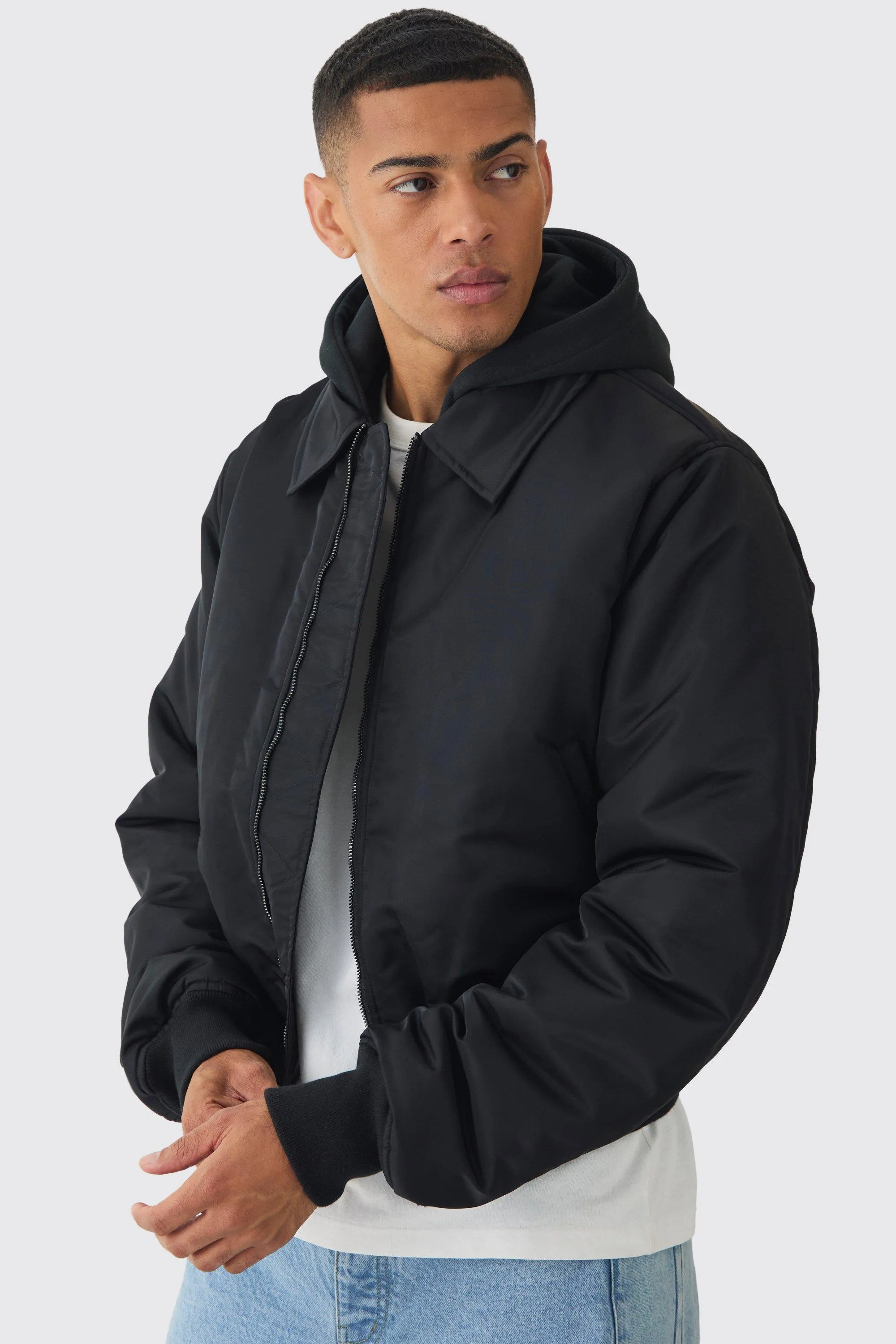 Collared Nylon Boxy Bomber With Jersey Knit Hood In Black