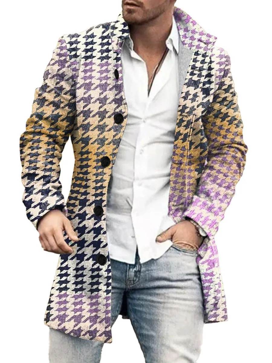 Colorful Houndstooth Print Stand Collar Double Pocket Woolen Coat