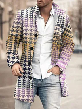 Colorful Houndstooth Print Stand Collar Double Pocket Woolen Coat