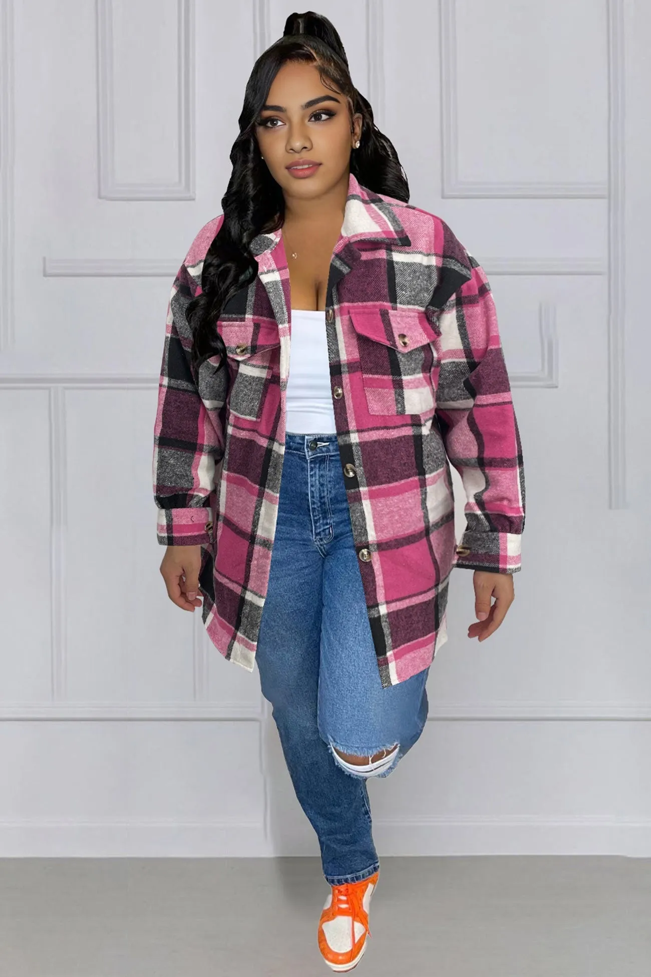 Contrast Plaid Pocketed Shacket