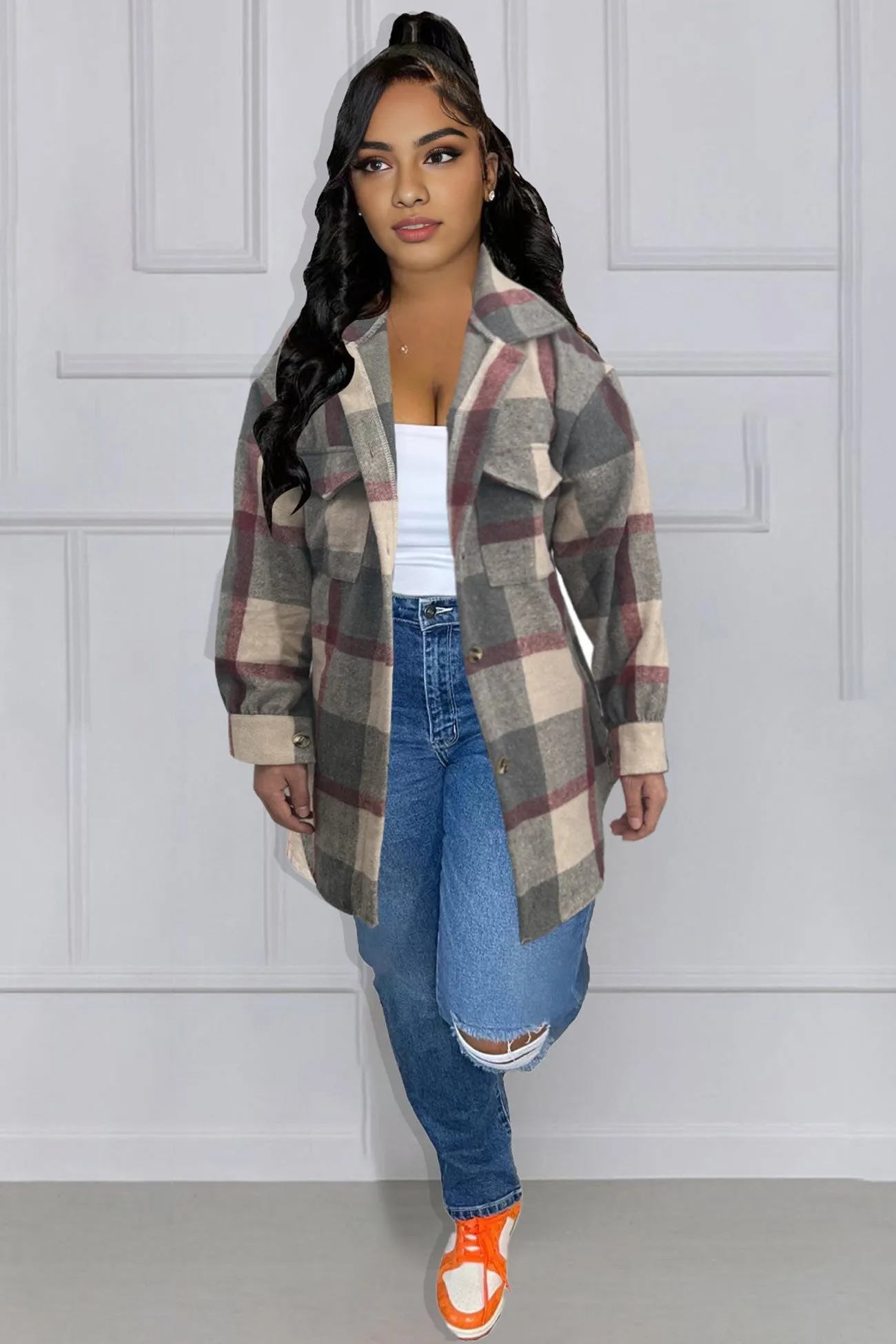 Contrast Plaid Pocketed Shacket