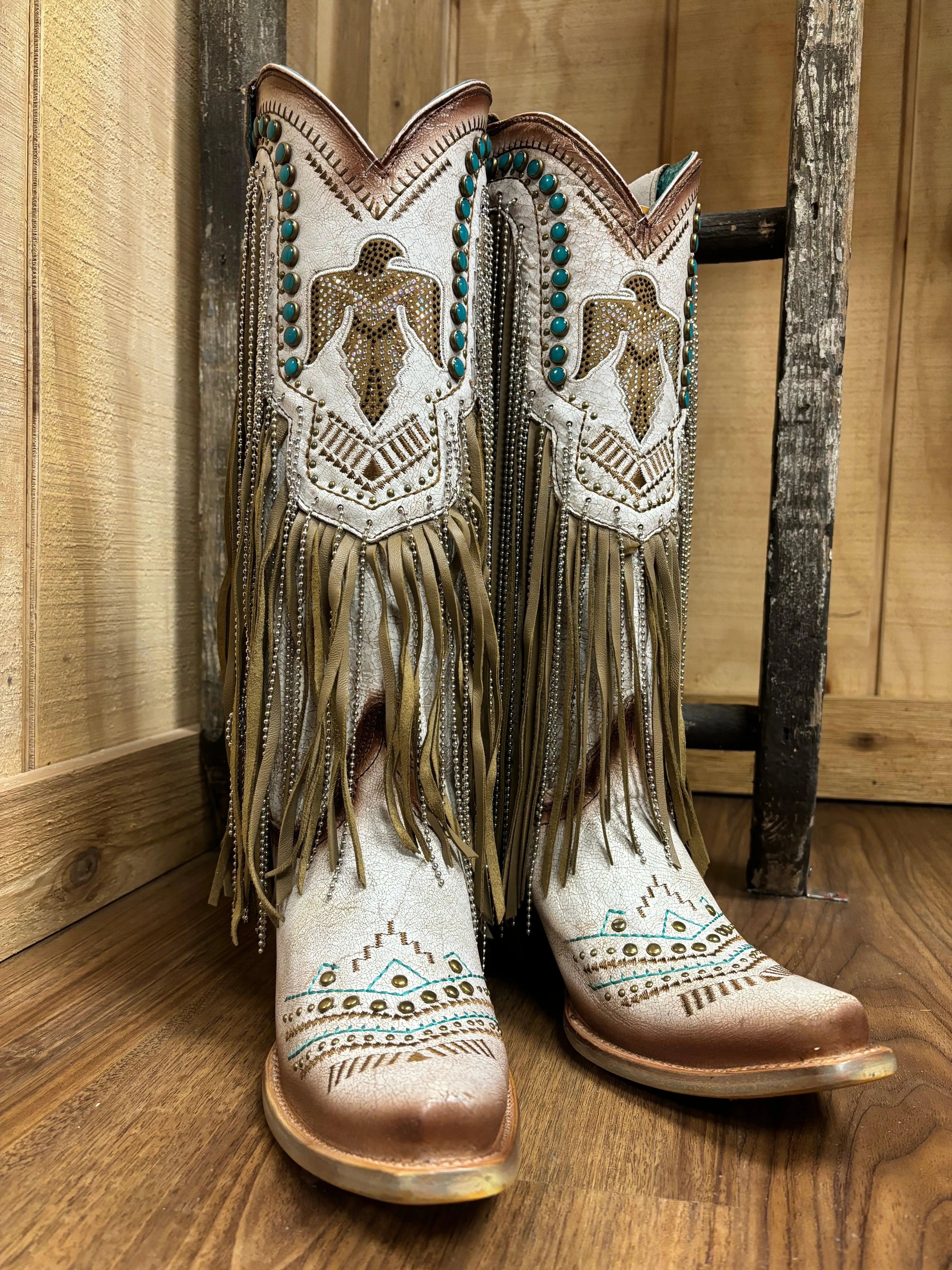 Corral Women's Beige Eagle Crystals & Studs Fringe Snip Toe Cowgirl Boots C4088