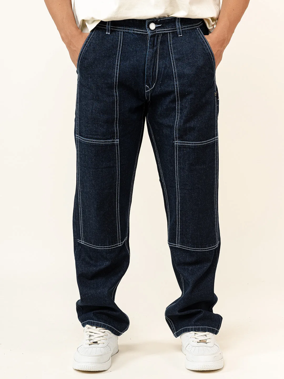 Dark Blue Flared Straight Fit Denim Cargo Jeans