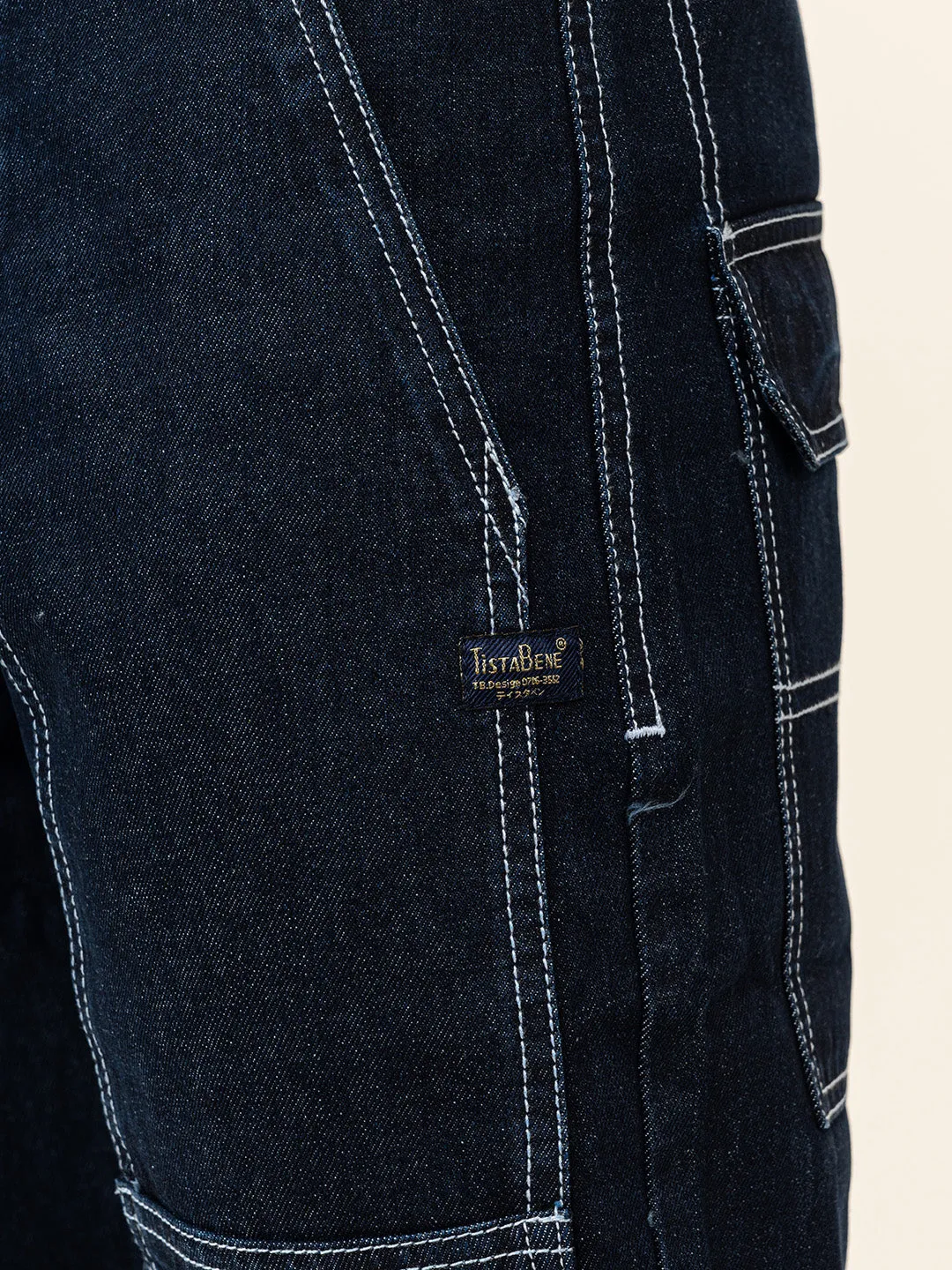 Dark Blue Flared Straight Fit Denim Cargo Jeans