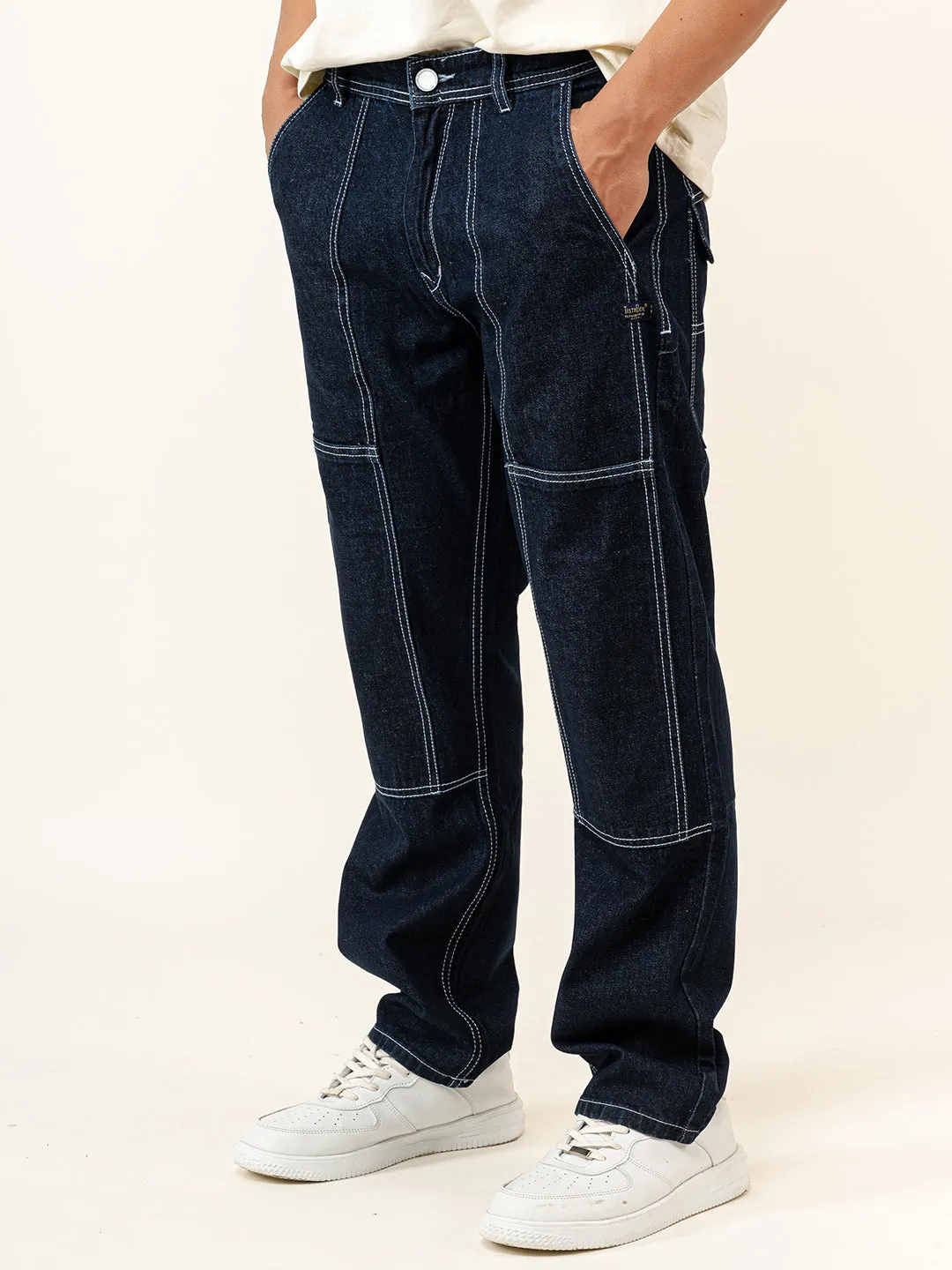 Dark Blue Flared Straight Fit Denim Cargo Jeans