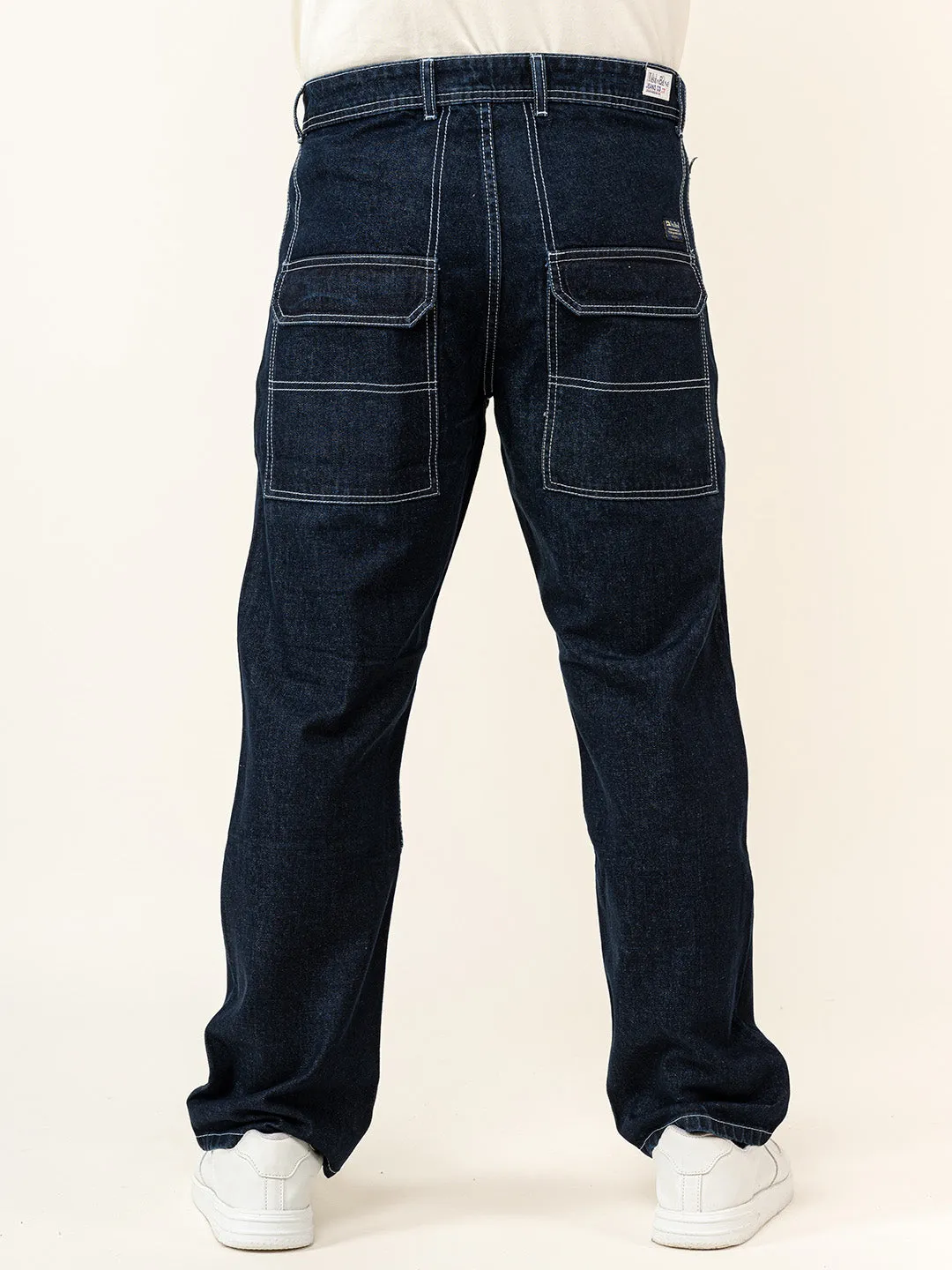 Dark Blue Flared Straight Fit Denim Cargo Jeans