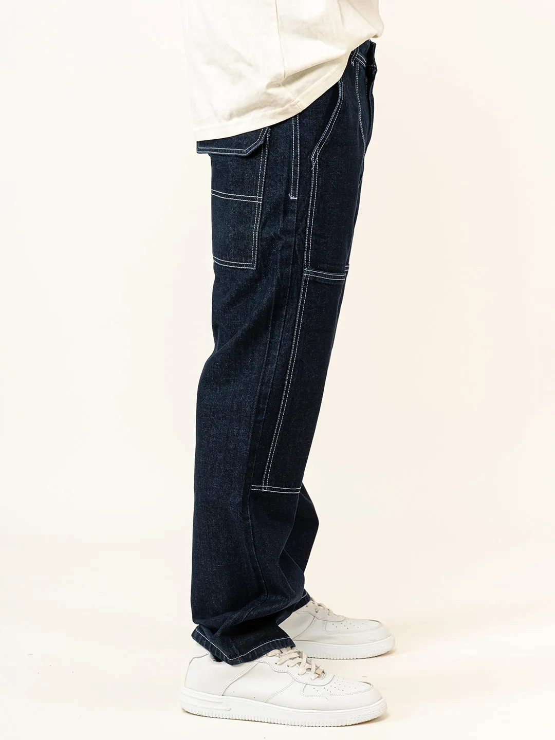 Dark Blue Flared Straight Fit Denim Cargo Jeans