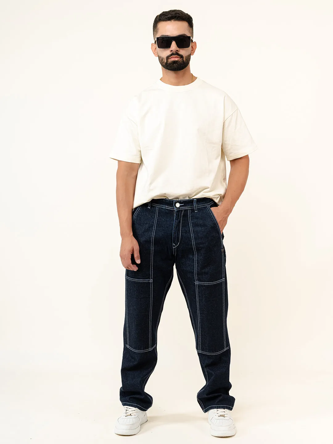 Dark Blue Flared Straight Fit Denim Cargo Jeans