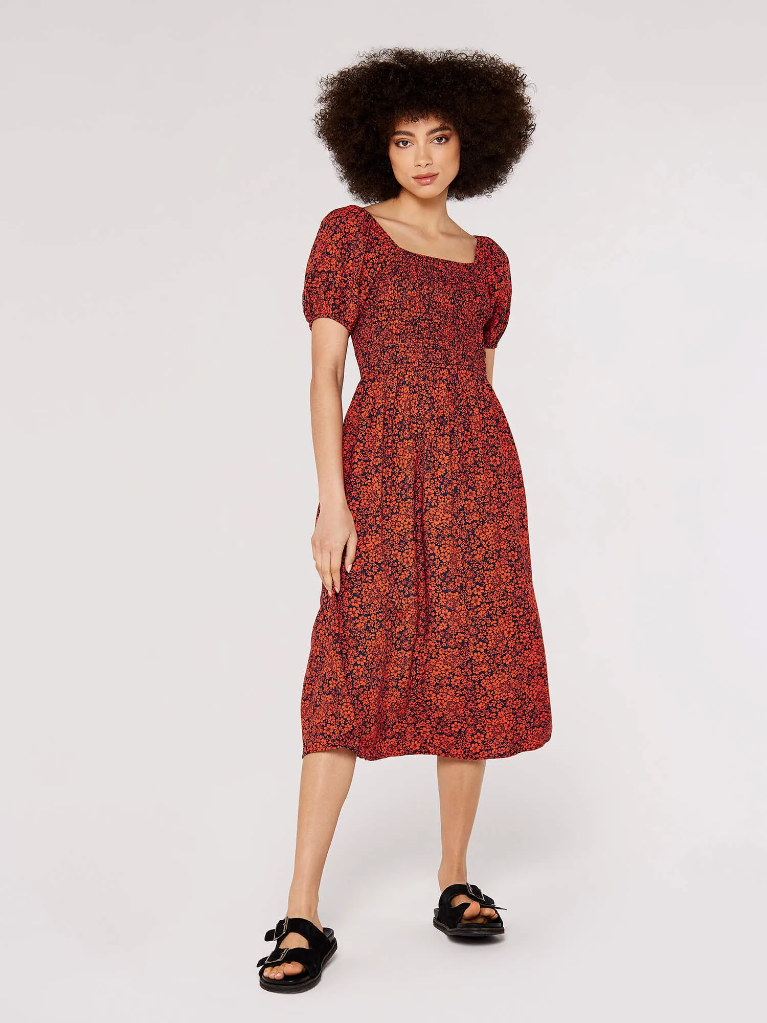 Ditsy Puff Sleeve Midi Dress | Apricot Clothing