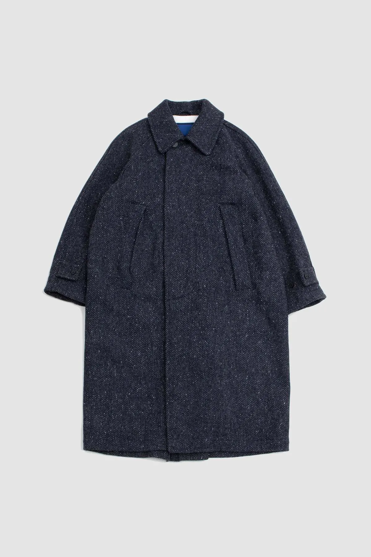 Donegal Tweed Inverted Pleats Balmacaan Coat - Navy