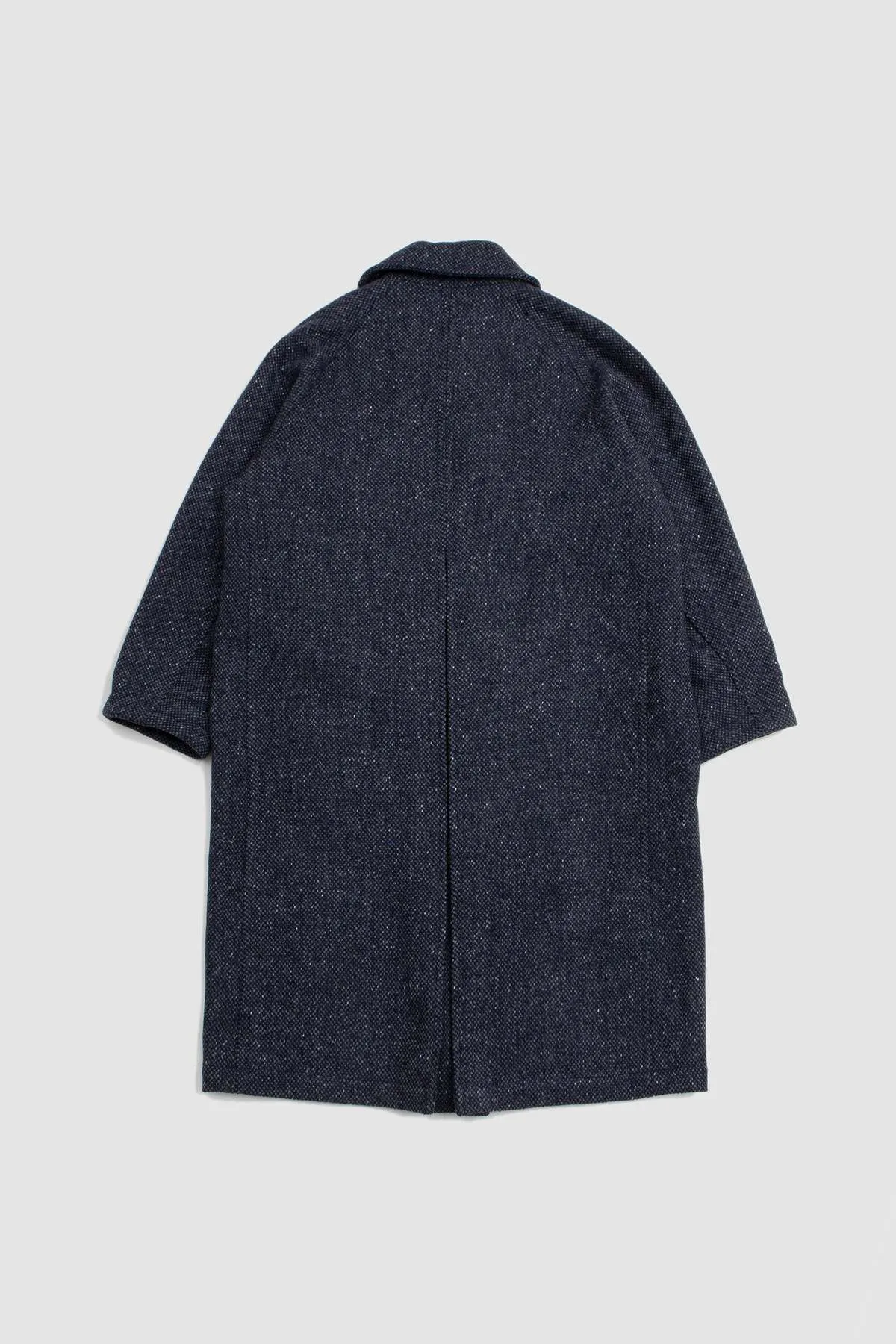 Donegal Tweed Inverted Pleats Balmacaan Coat - Navy