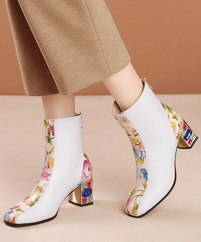 Elegant White Print Zircon Cowhide Leather Chunky Boots