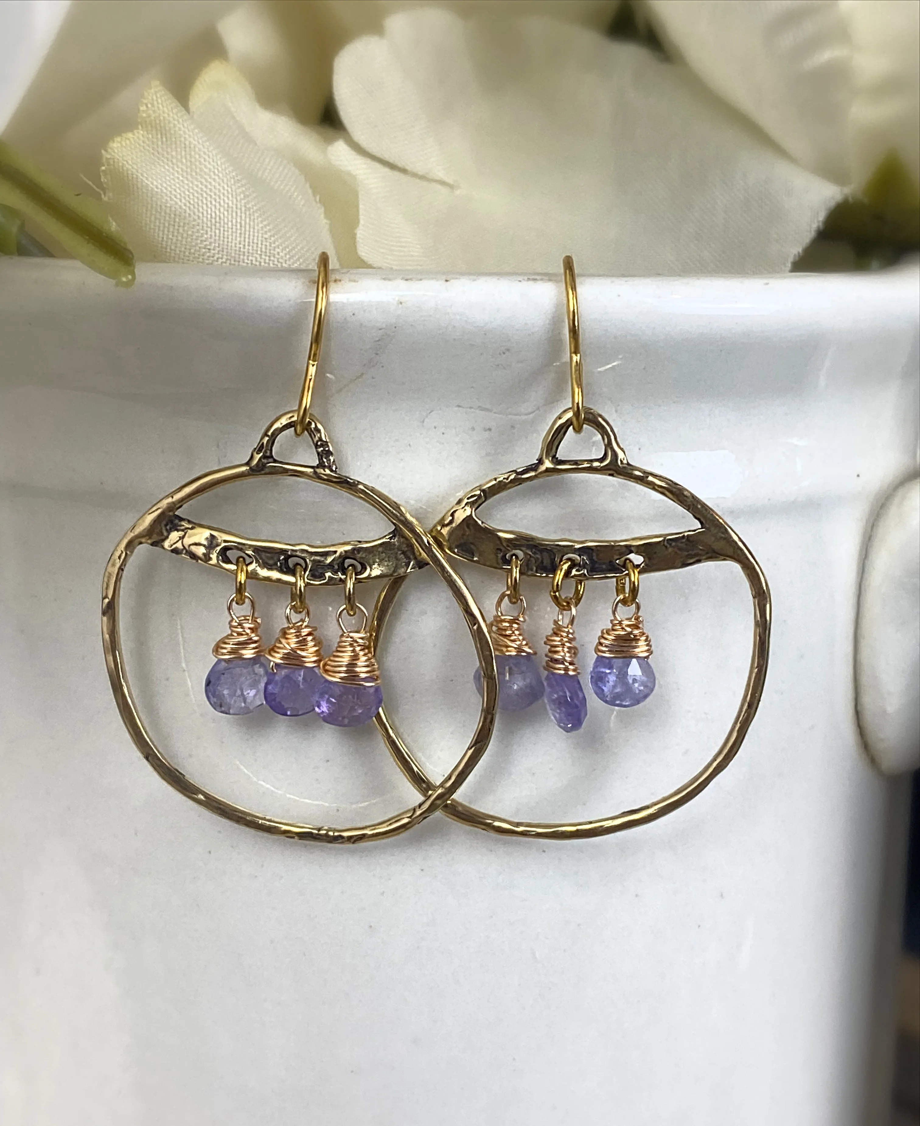 Gold hammered hoops, Iolite stone, earrings, jewelry