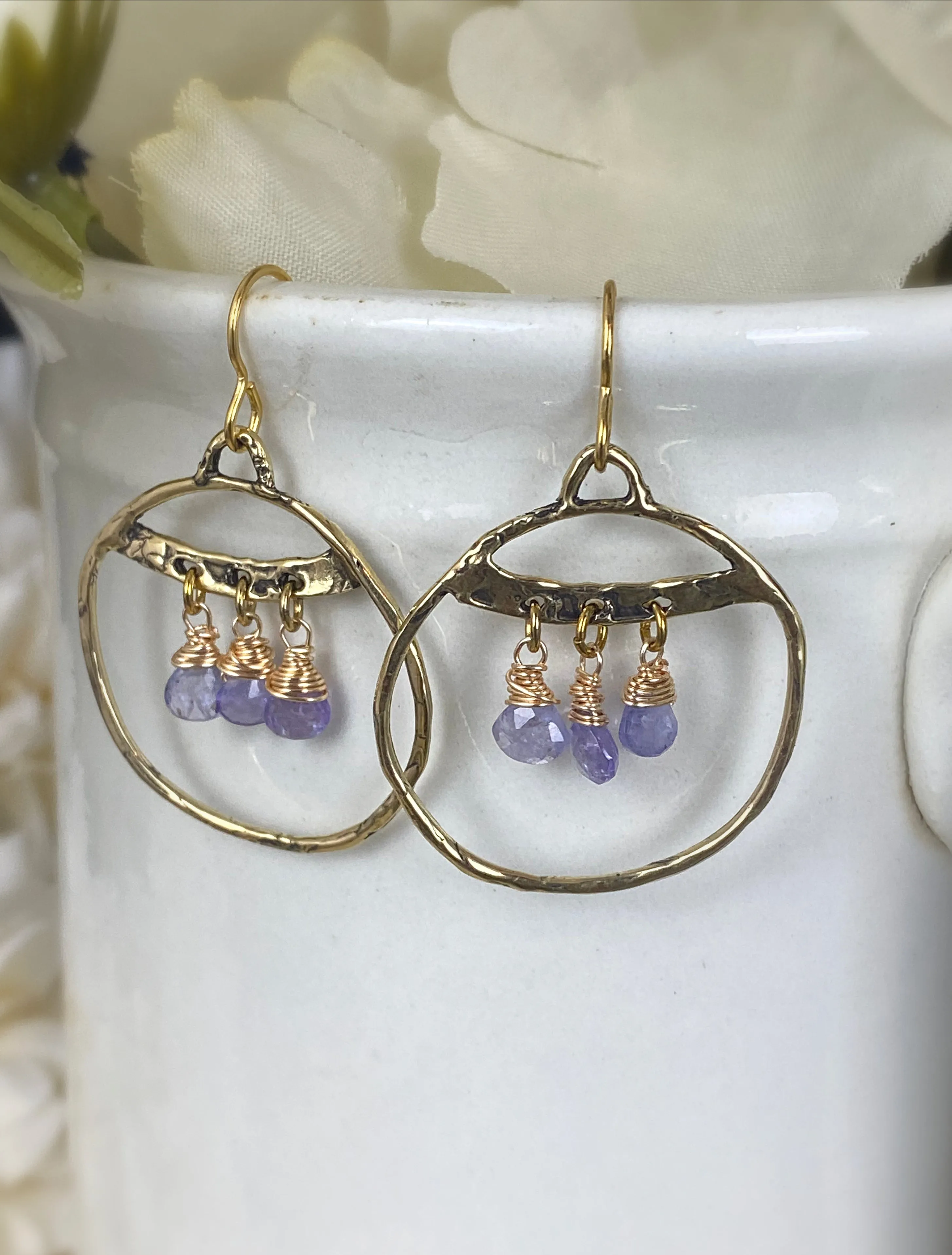 Gold hammered hoops, Iolite stone, earrings, jewelry