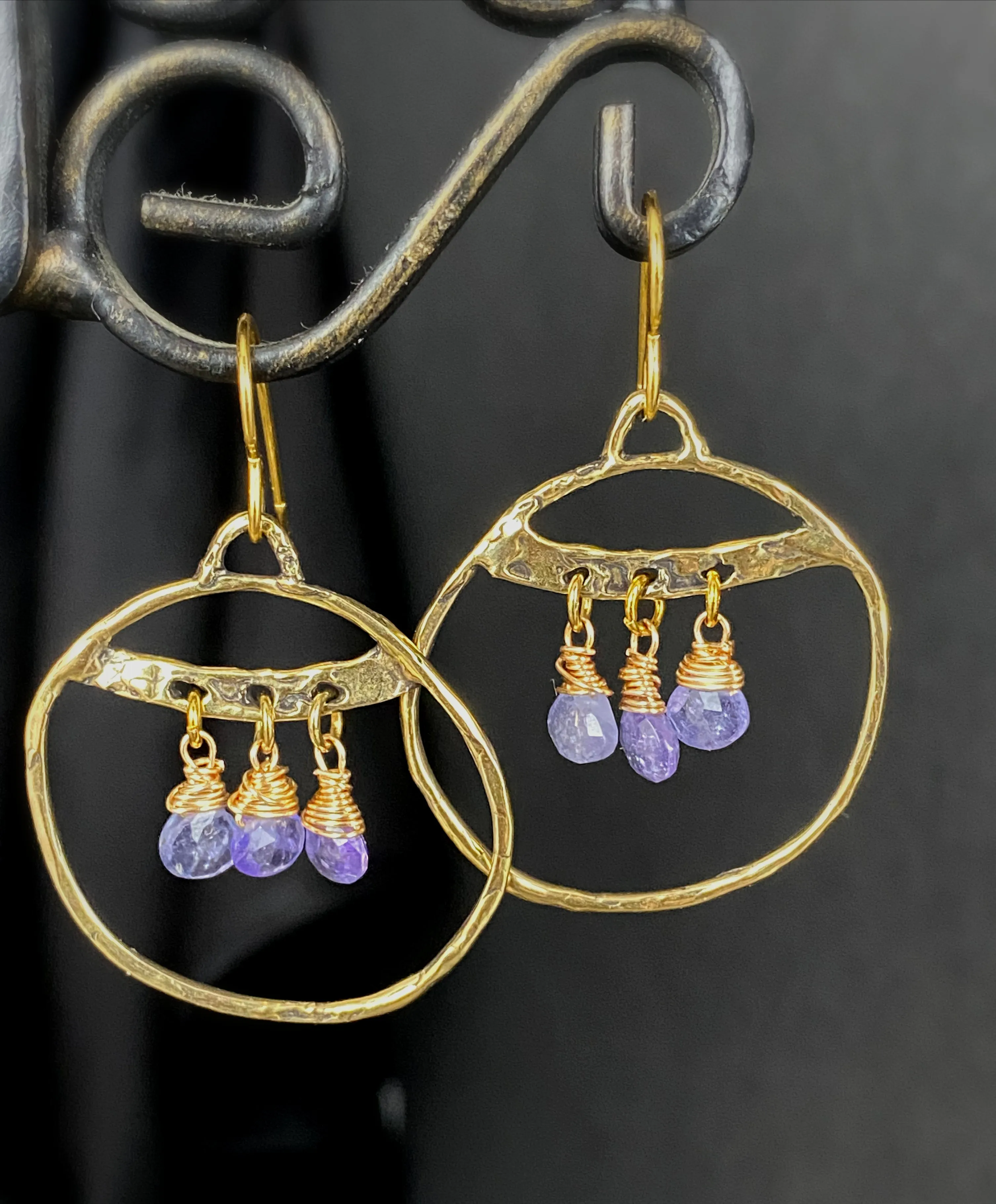 Gold hammered hoops, Iolite stone, earrings, jewelry