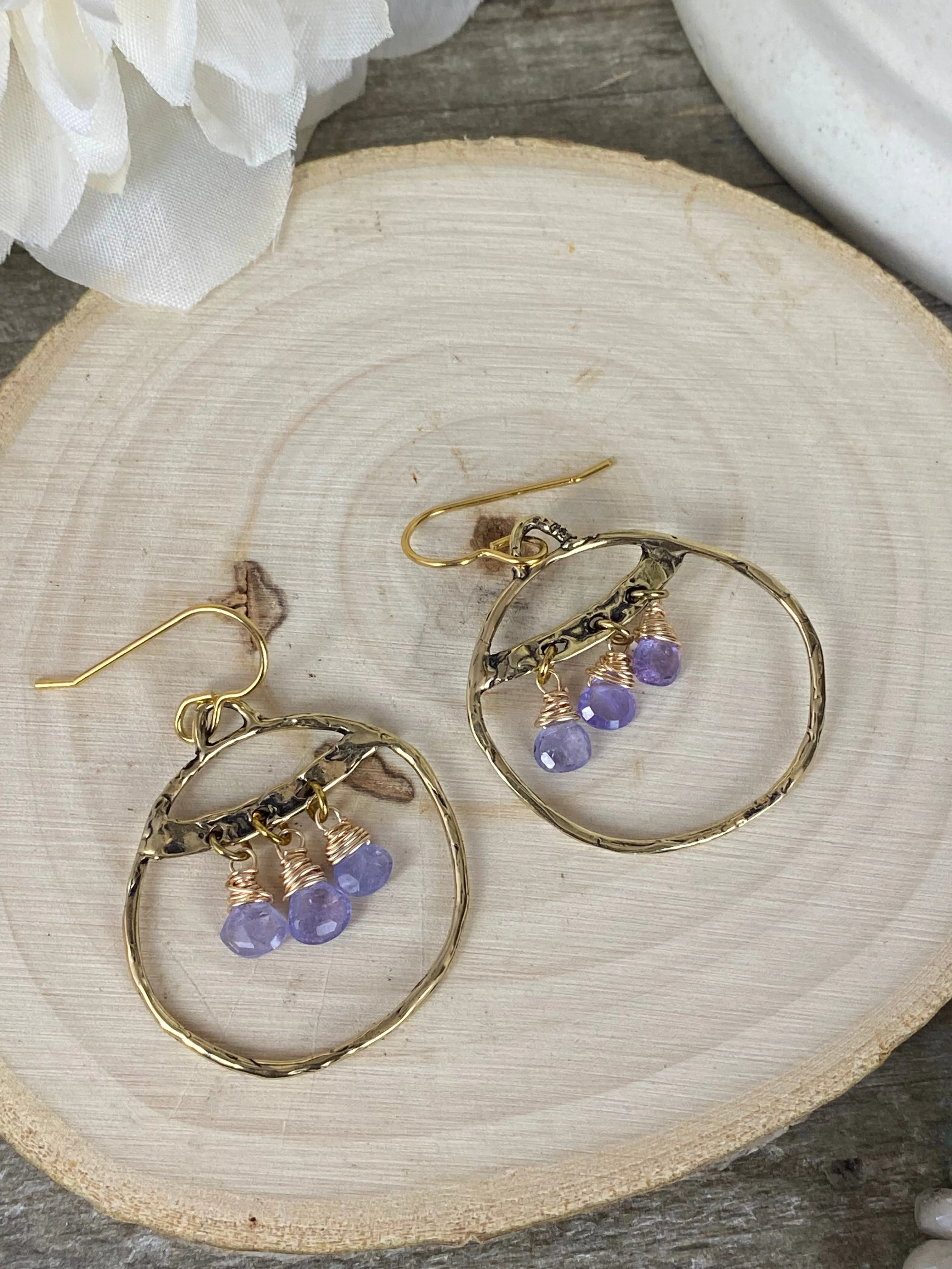 Gold hammered hoops, Iolite stone, earrings, jewelry