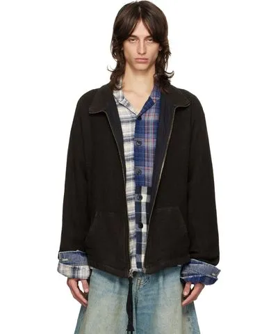 Greg Lauren Black Burlap Linen Zip Neck Jacket